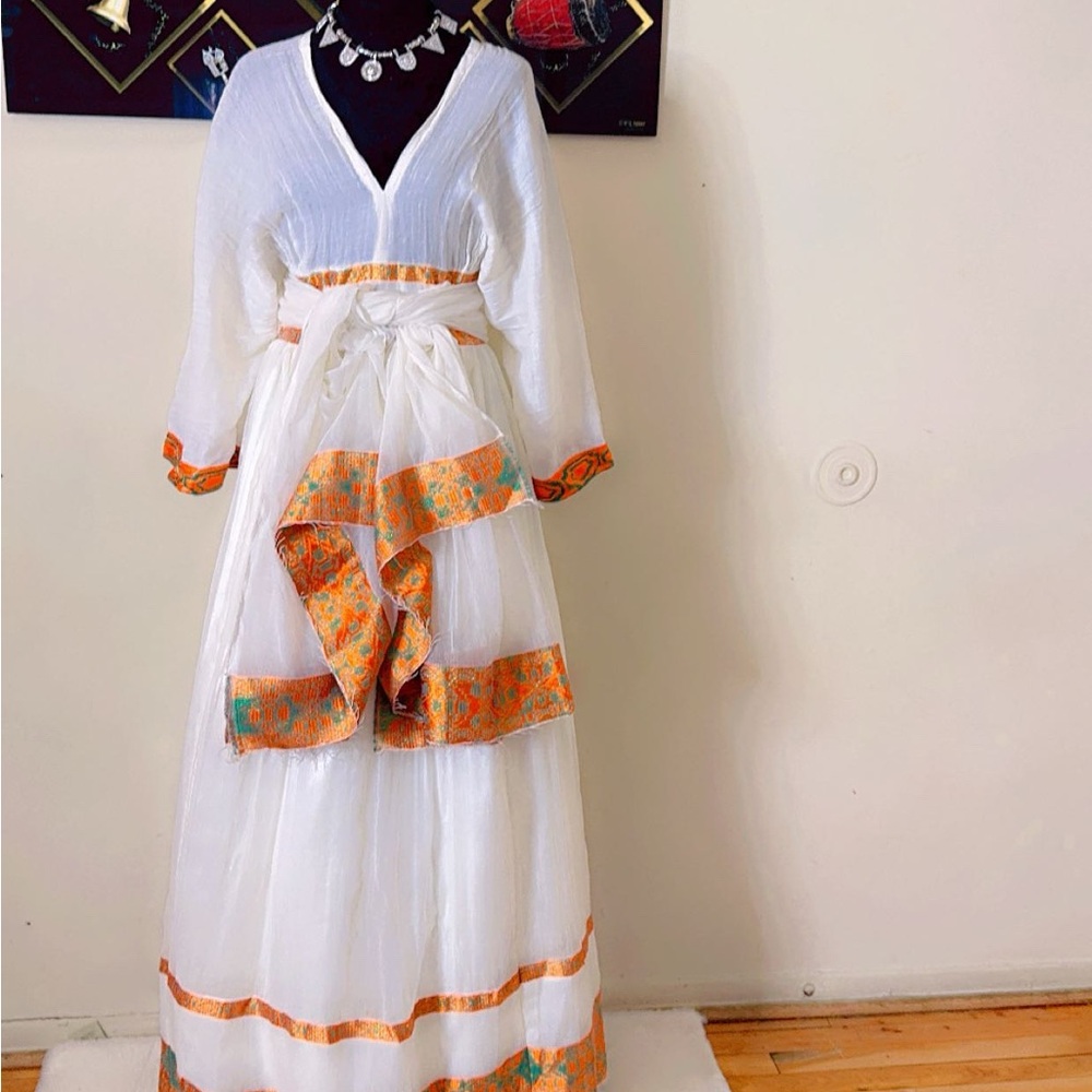 Elegant White and Orange Women's Dress